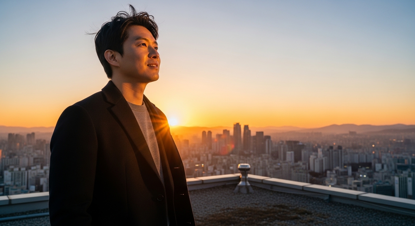 도시를 내려다보며 희망에 찬 표정으로 일출을 맞이하는 남성
