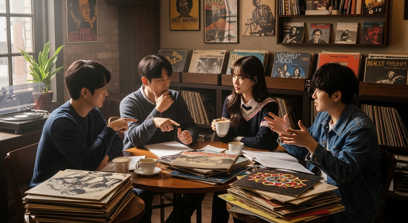 카페에서 클래식 앨범을 분석하며 대화를 나누는 젊은 뮤지션들