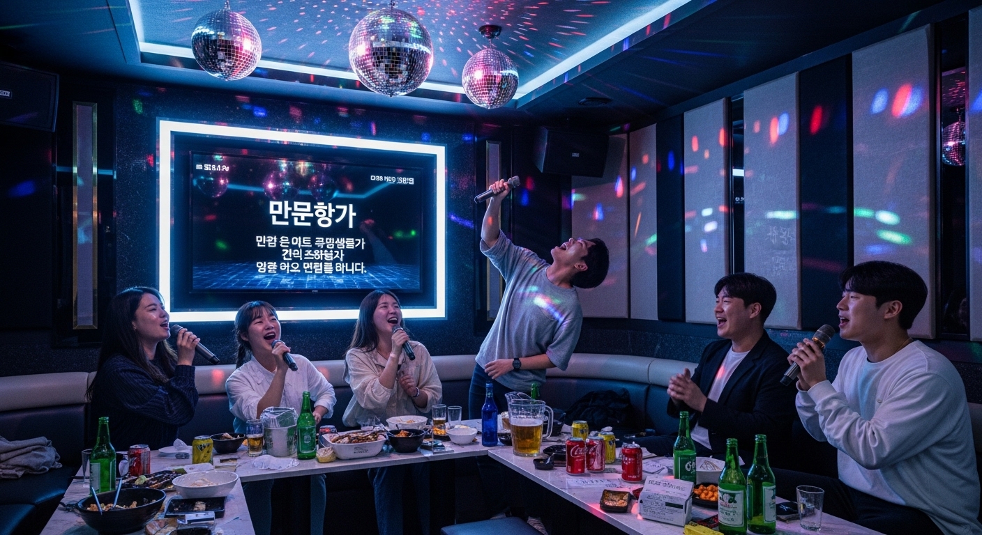 젊은이들이 가라오케 룸에서 '만찬가'를 부르는 모습