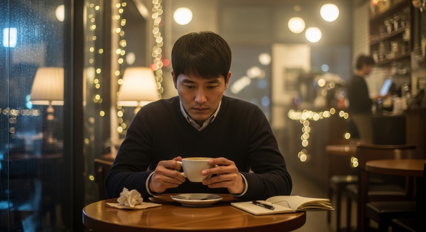 감정과 관계에 대해 생각하는 남성이 카페에 홀로 앉아 있는 장면
