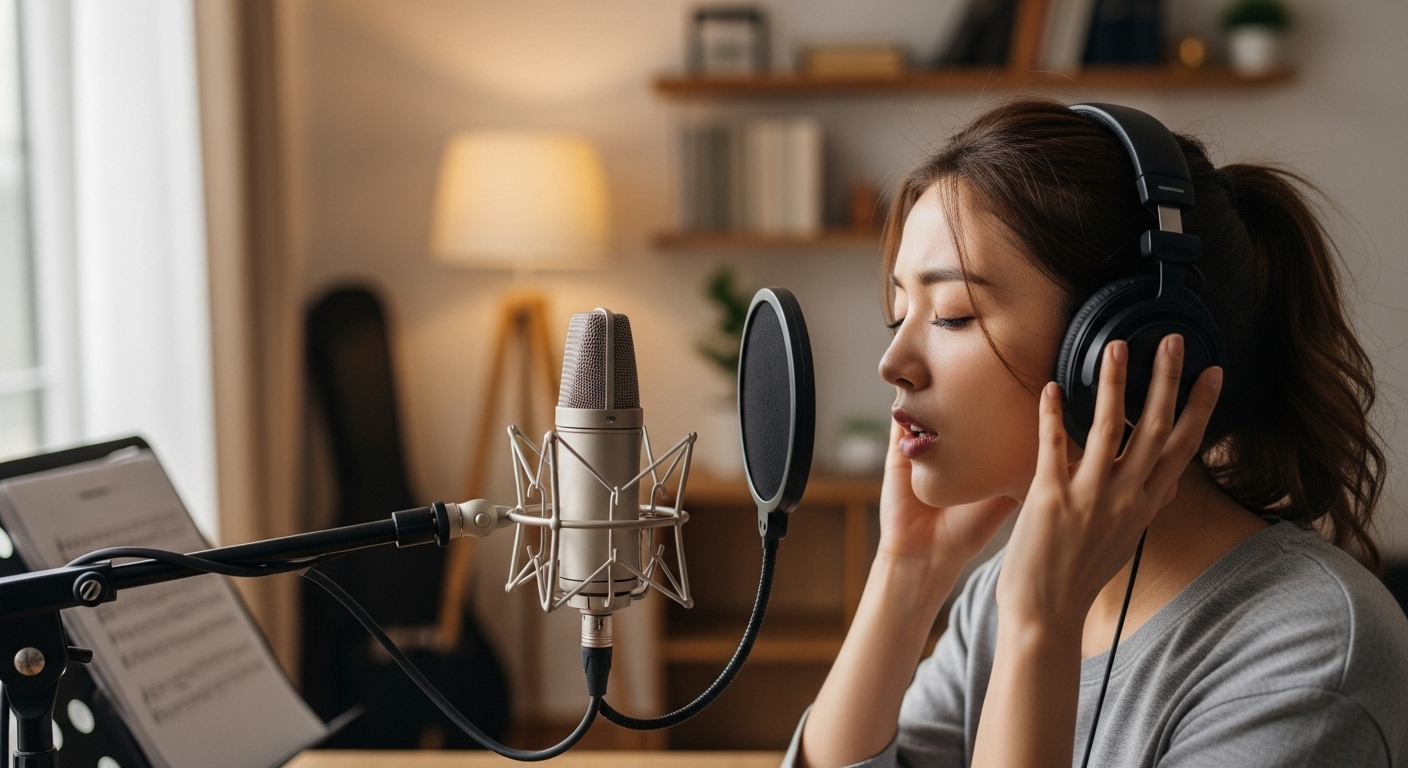 노래방을 위해 집에서 연습하는 젊은 여성이 헤드폰과 마이크를 사용