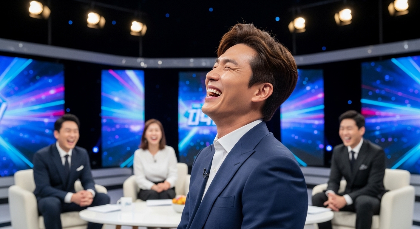 방송 세트장에서 웃고 있는 키 큰 한국 예능인의 모습
