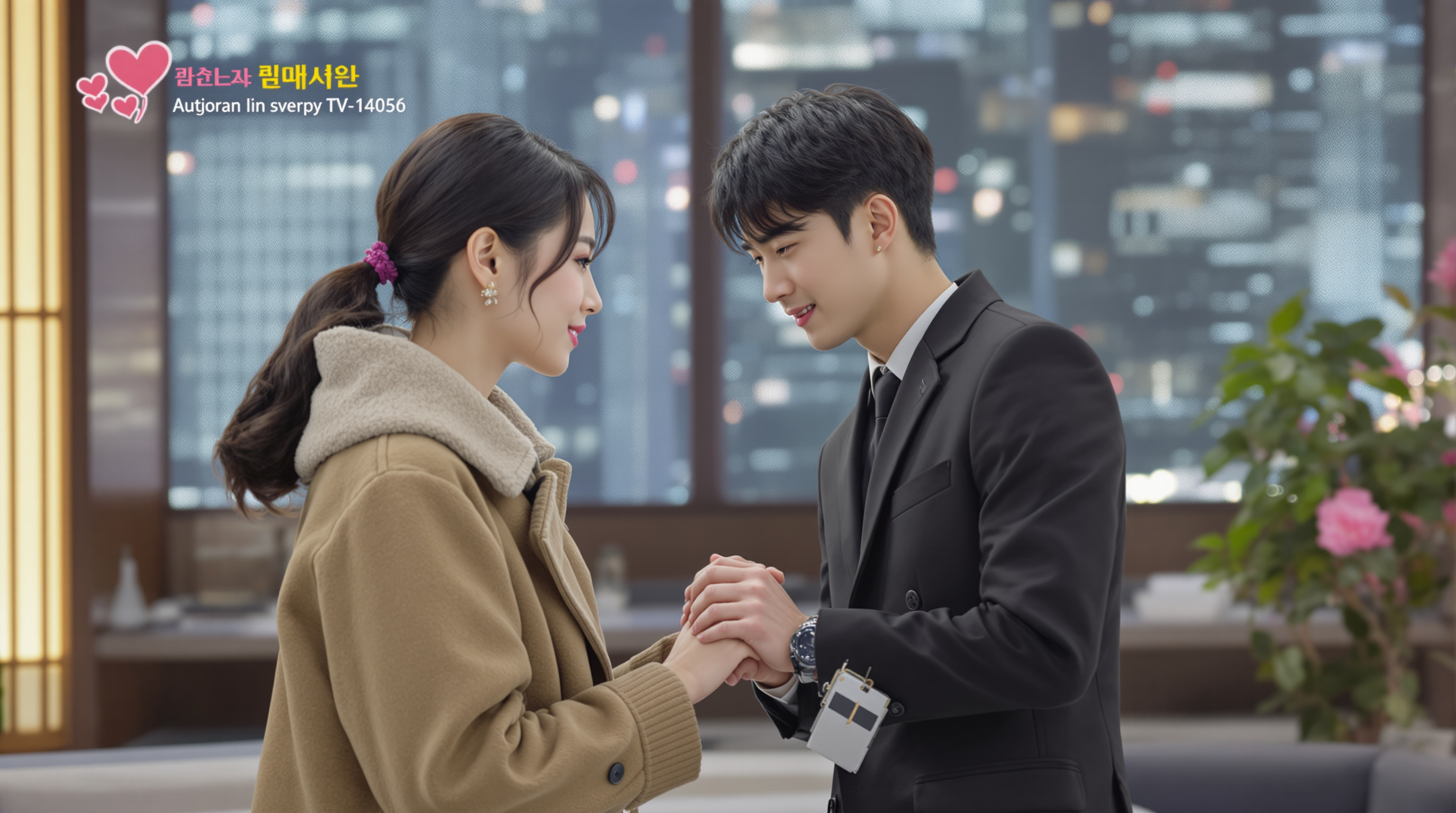 TV 프로그램 세트장에서 손을 잡고 있는 한국 유명인 커플