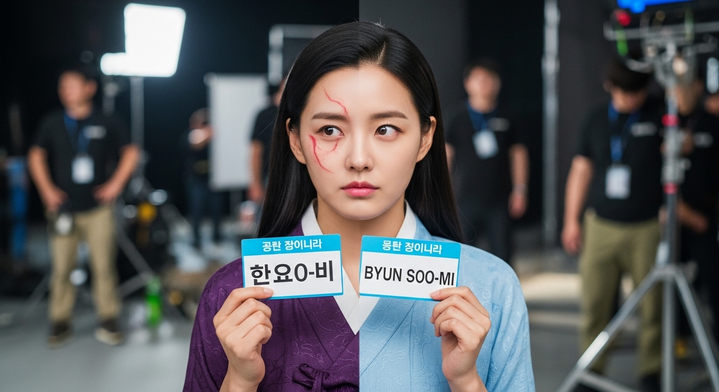 두 가지 이름 태그를 가진 배우가 영화 세트장에서 역할을 바꾸는 장면