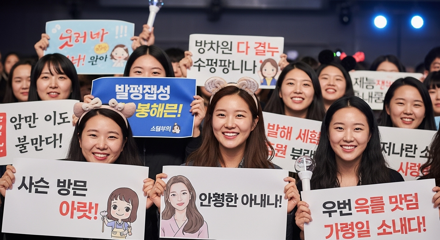 이벤트 현장에서 응원 플래카드를 든 팬들