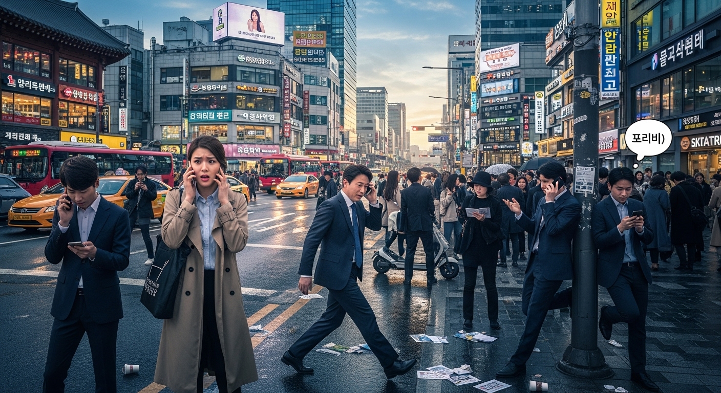 서울 거리에서 전화를 받으며 혼란스러워하는 사람들의 모습