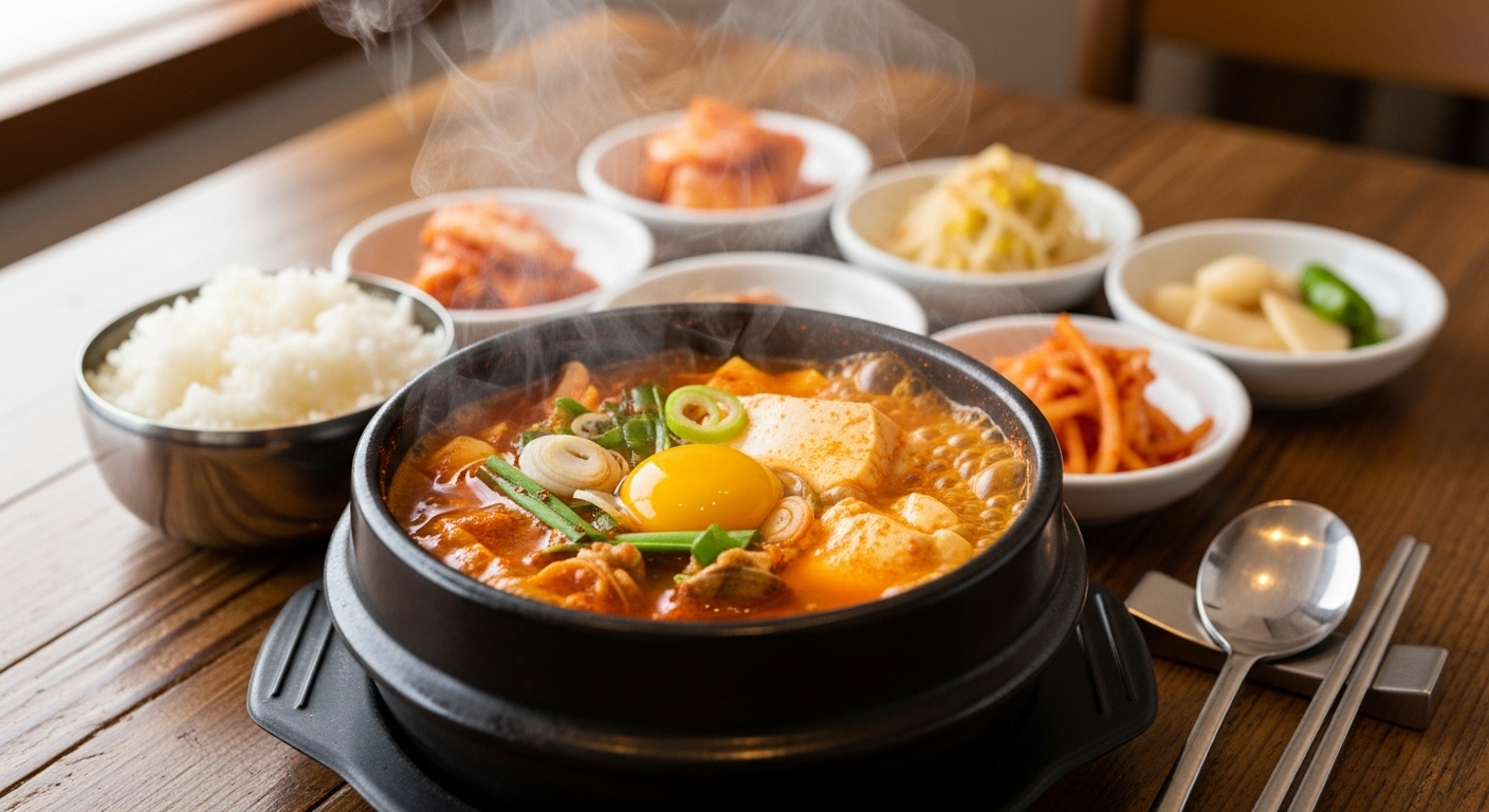 따뜻한 식탁 위에 놓인 얼큰하고 부드러운 순두부찌개의 모습