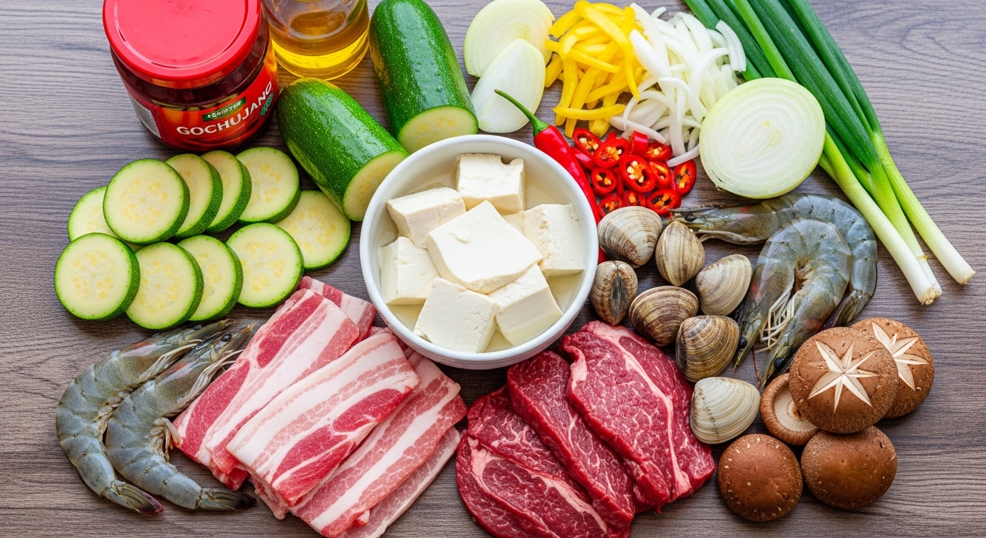 다양한 신선한 채소와 고기로 준비된 창의적인 순두부찌개의 재료들