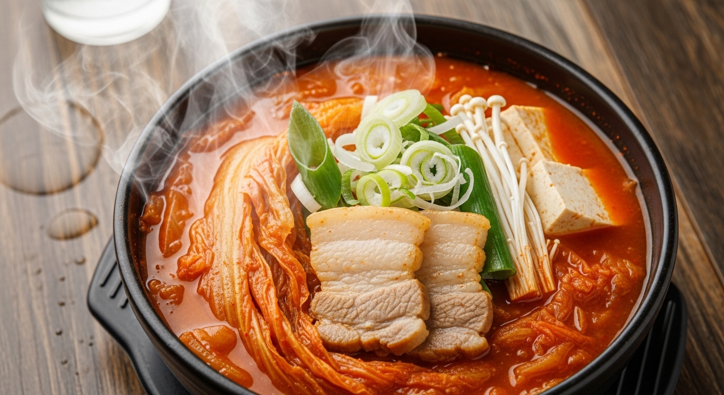 나무 테이블 위에 놓인 뜨거운 김치찌개 한 그릇