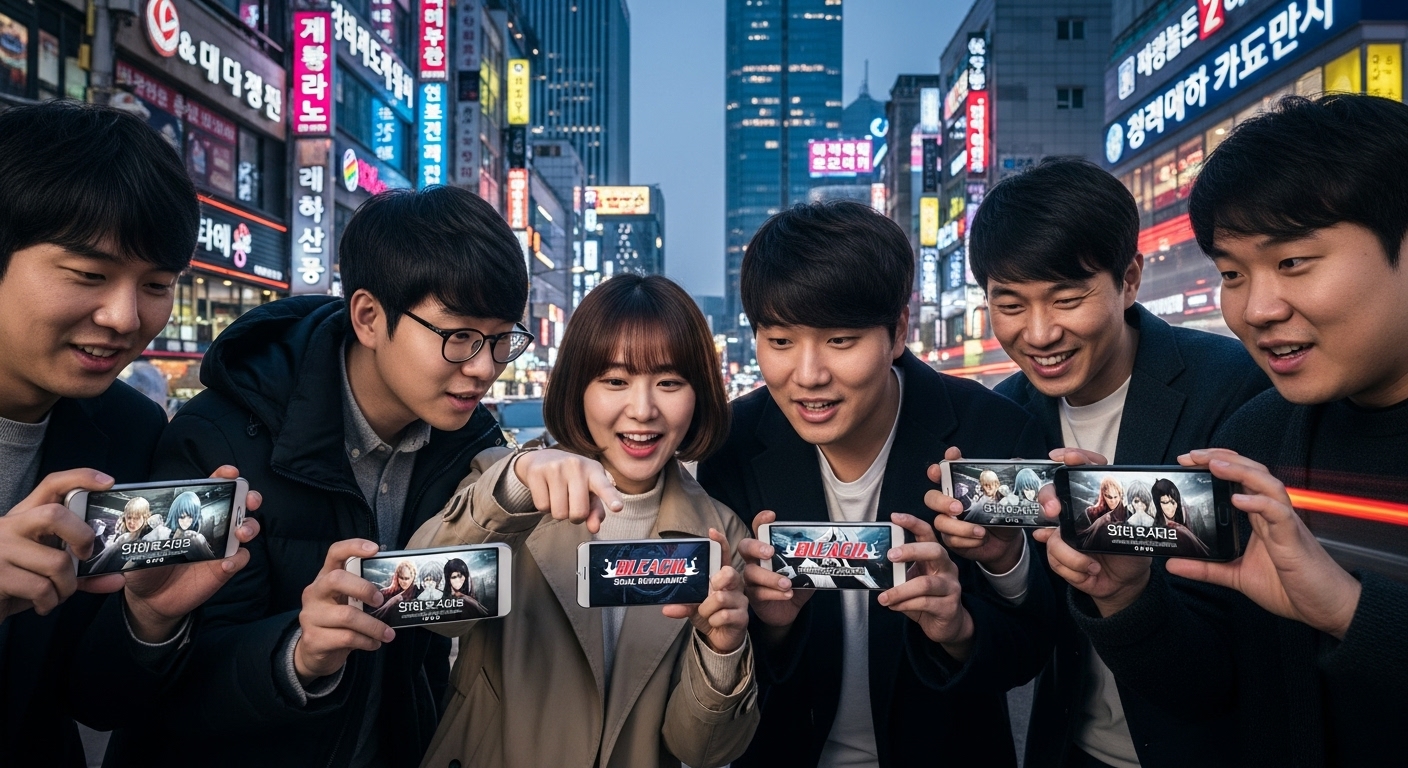 분주한 도시 풍경 속에서 스마트폰으로 블리치 소울 레조넌스를 사전예약하는 다양한 게이머들