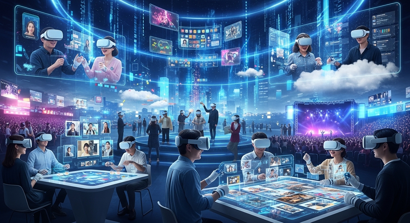 한국인이 VR 및 메타버스를 통해 몰입형 소셜 미디어 상호작용을 경험하는 미래적인 장면