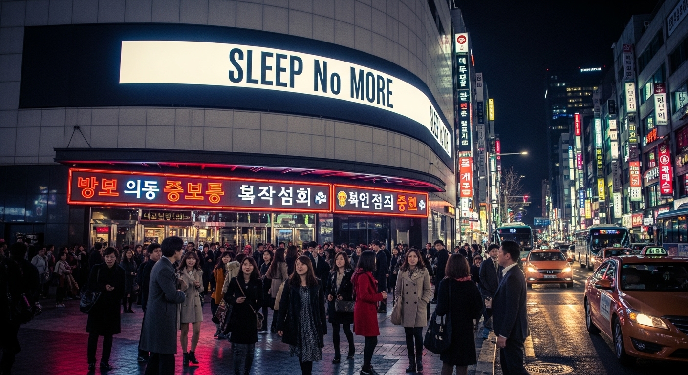 현대적인 서울 극장 외관에 걸린 슬립노모어 배너와 다양한 관객들