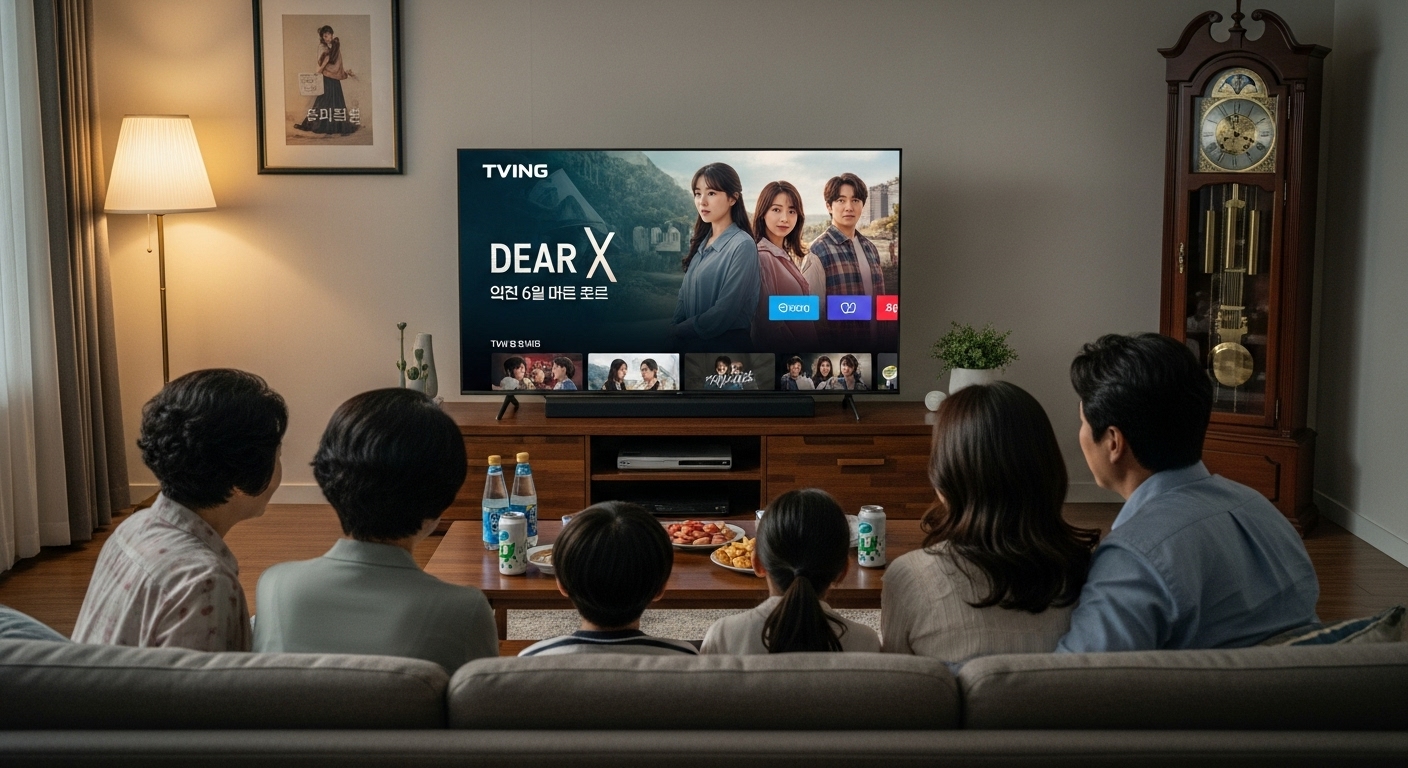 오후 6시를 가리키는 시계와 함께 TVING 플랫폼에서 '친애하는 X'를 시청하기 위해 모인 가족