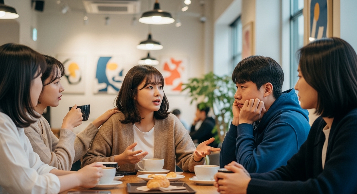 카페 테이블에서 소통하며 공감을 나누는 젊은이들