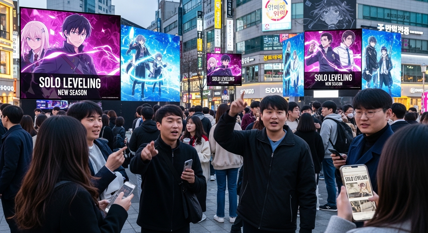 서울 거리에서 애니메이션 팬들이 나혼자만 레벨업 3기의 방영일에 대해 열띤 대화를 나누는 모습