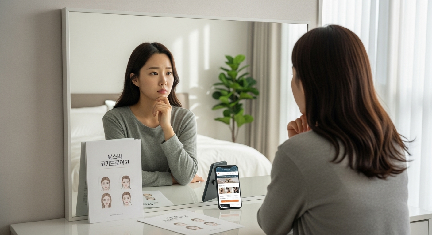 거울 앞에서 성형수술 결정을 고민하는 현대적 아파트에 있는 여성