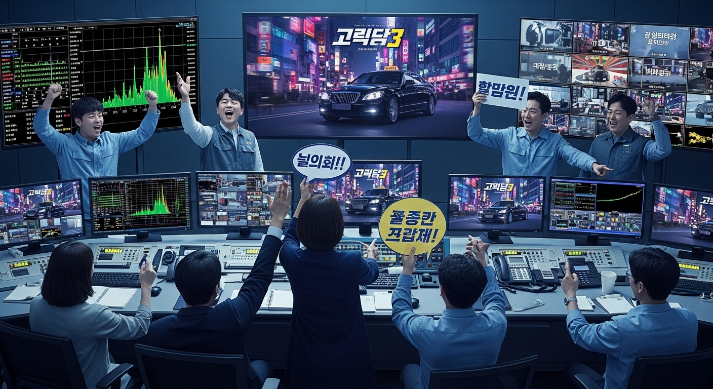 방송국 스튜디오에서 모범택시3 첫 방송을 축하하는 모습