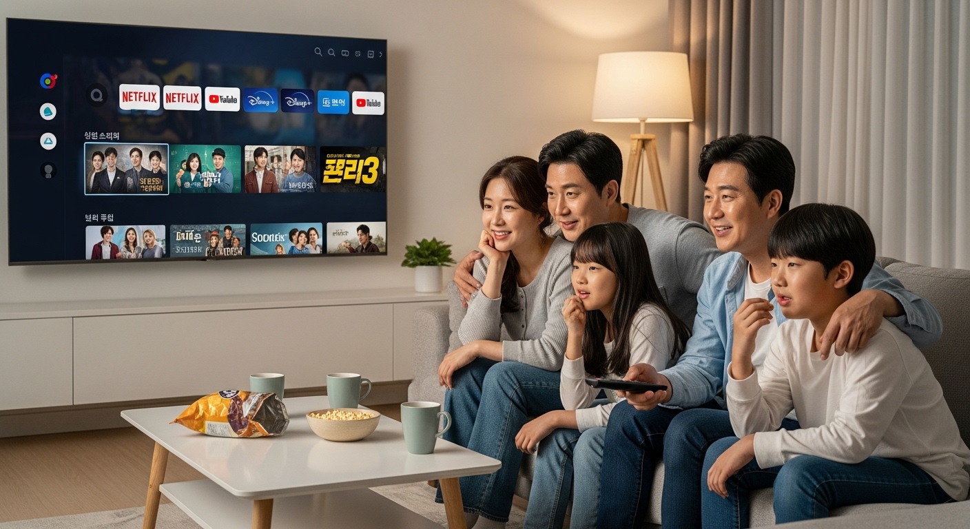 가족들이 스마트 TV를 통해 스트리밍 앱으로 드라마를 보는 모습