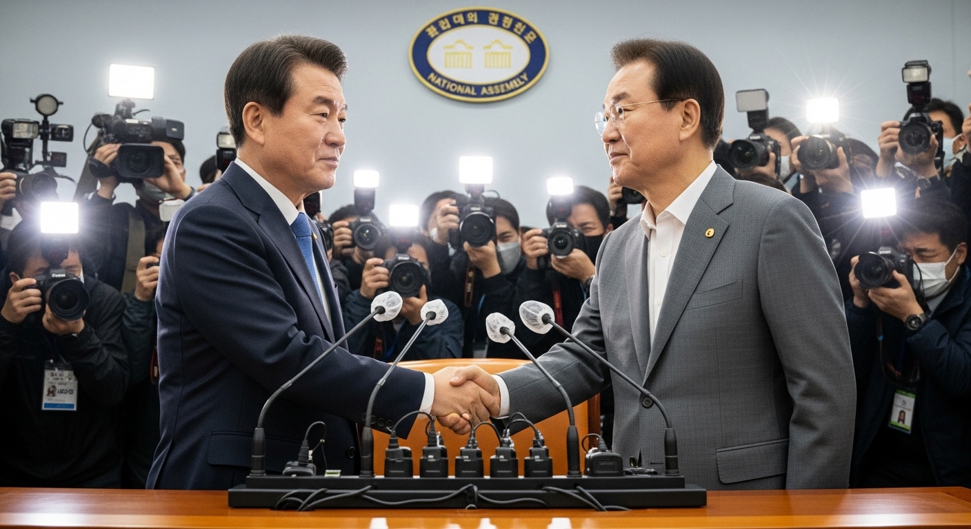 기자회견장에서 어색하게 악수하는 두 정치인