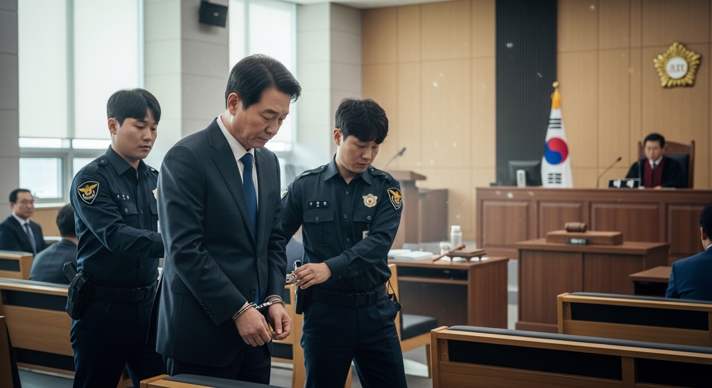 법원에서 수갑을 차고 연행되는 한국 정치인의 모습