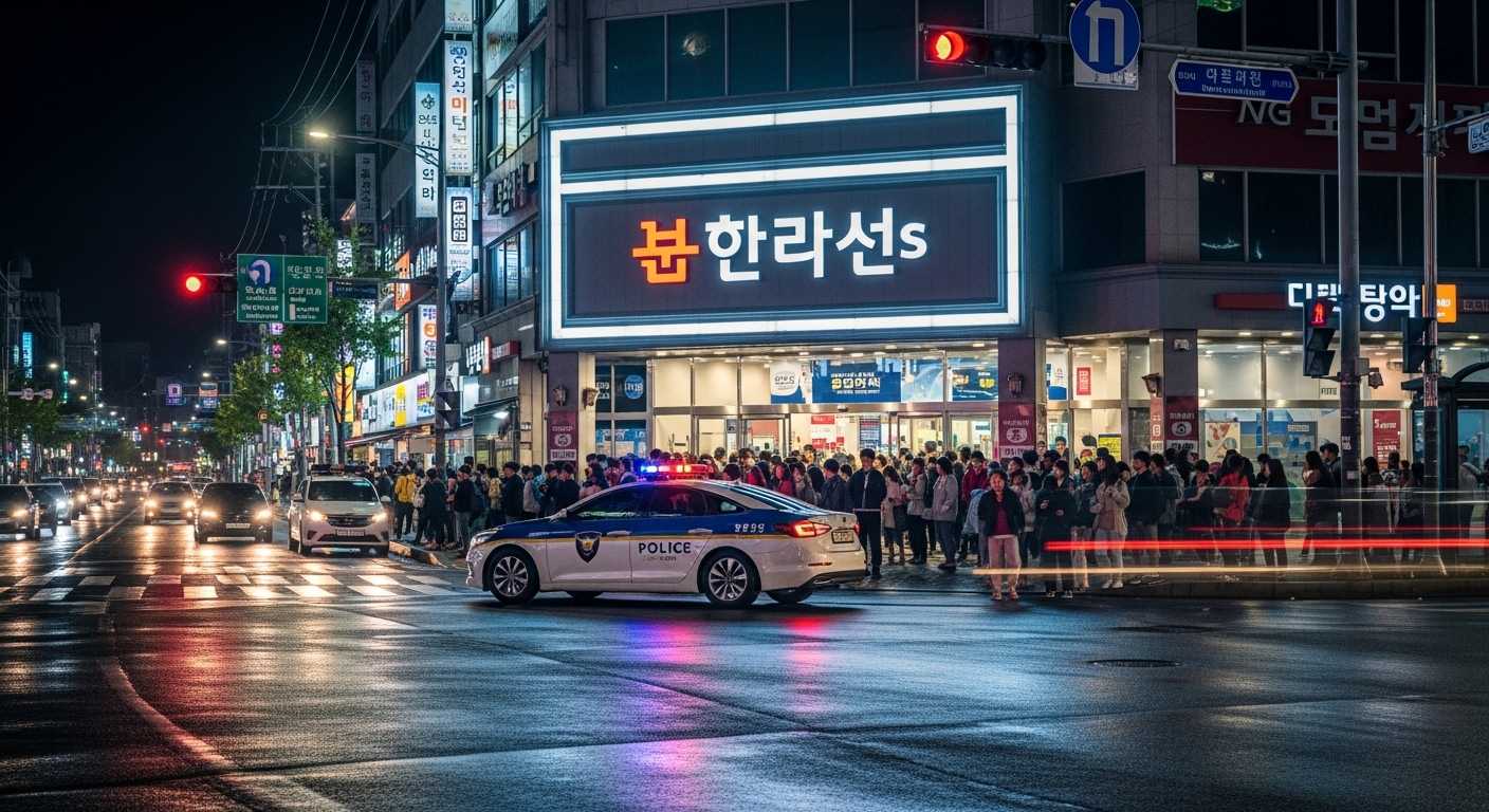 밤에 보령시 대형마트 앞에서 경찰차와 사람들이 모여 있는 거리