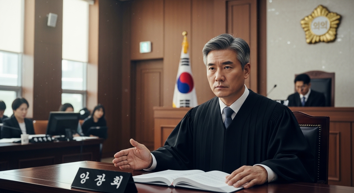 엄격한 표정으로 판결을 내리는 한국 법관의 모습