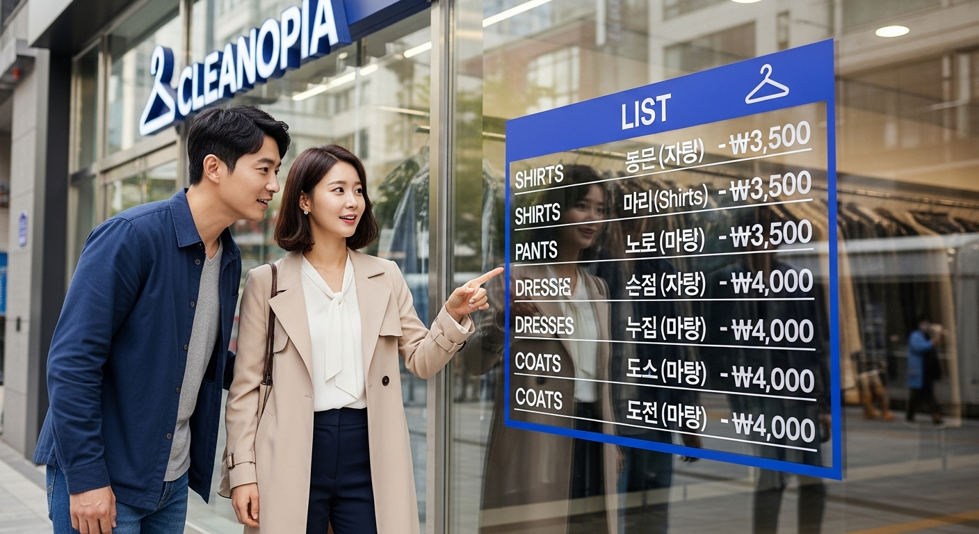 크린토피아 매장 앞에서 가격표를 확인하는 현대적인 커플