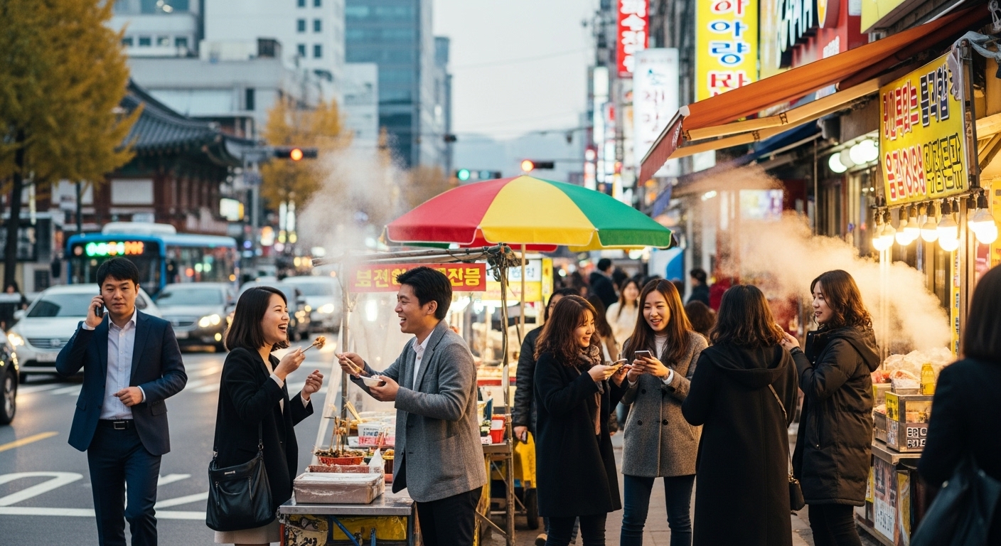 서울 거리에서 사람들이 자연스럽게 어우러진 장면
