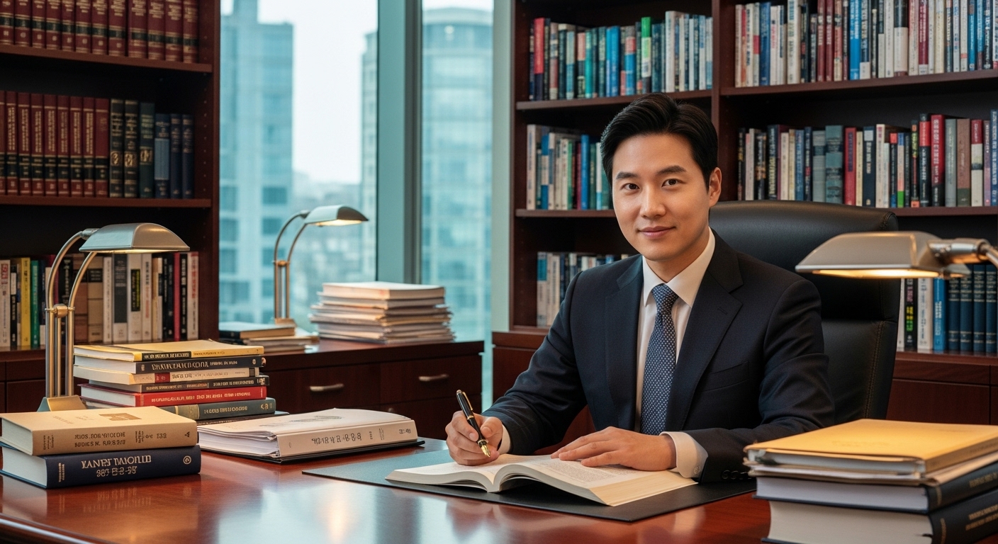 현대적인 사무실에서 전문성을 보여주는 젊은 변호사의 모습