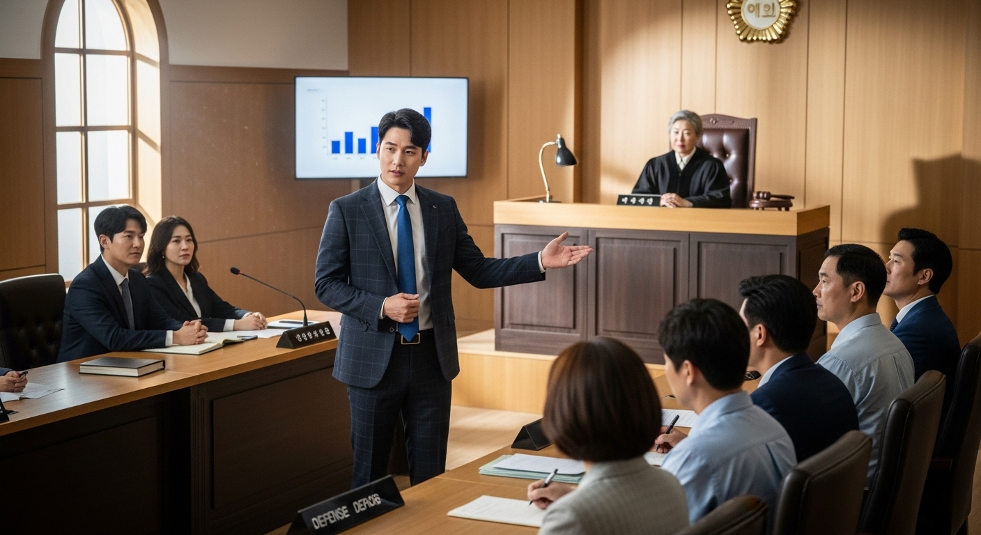 법정에서 명확하게 사건을 발표하는 한국인 변호사의 모습