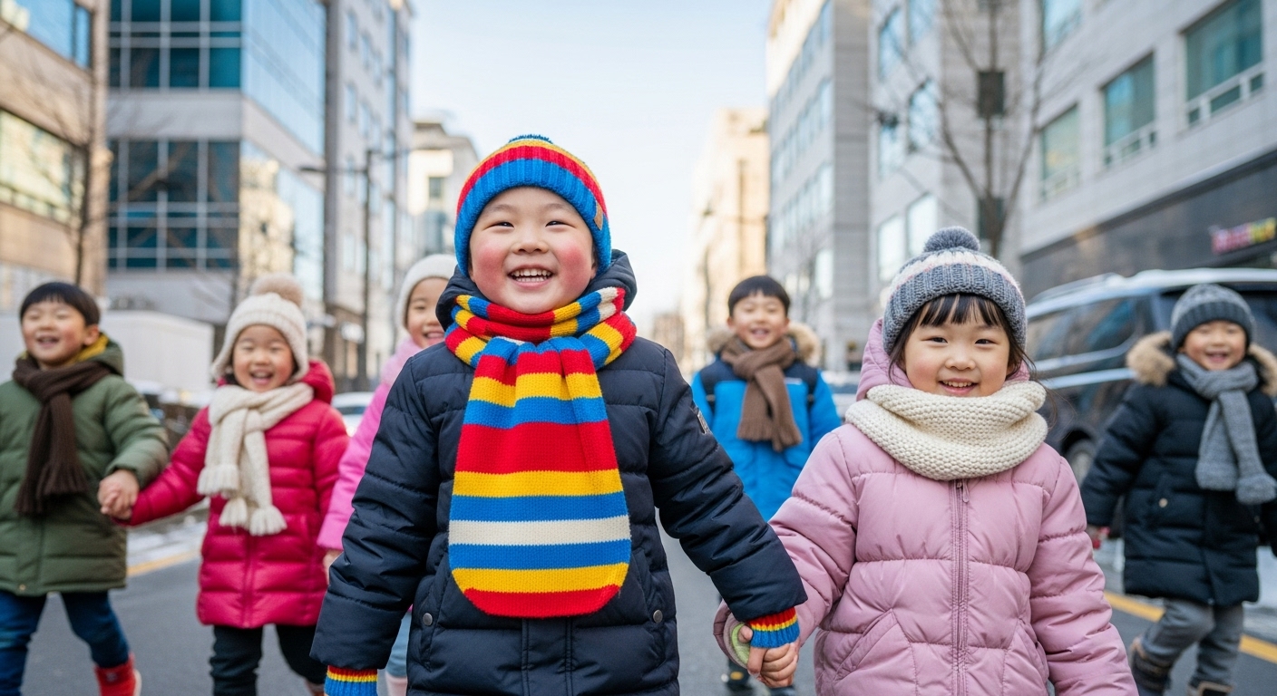 서울에서 겨울 옷을 입은 다른 아이들과 함께 등원길에 오르는 어린 아이