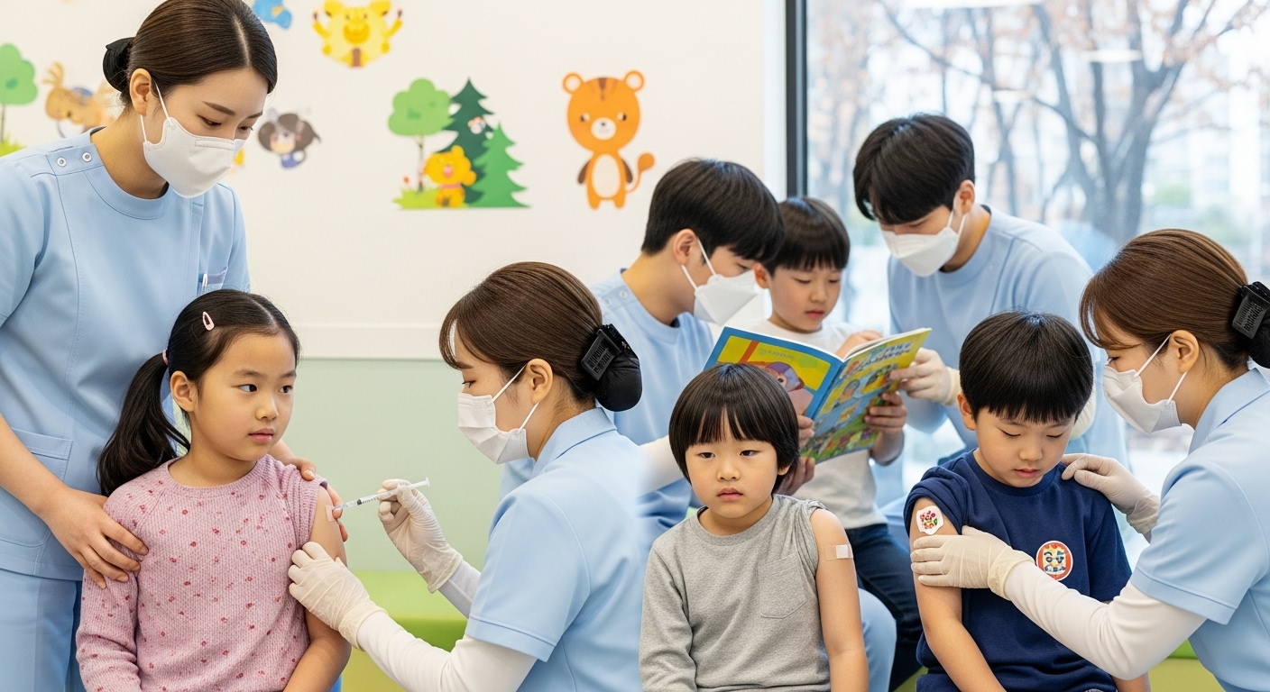 클리닉에서 독감 예방 접종을 받는 어린이들