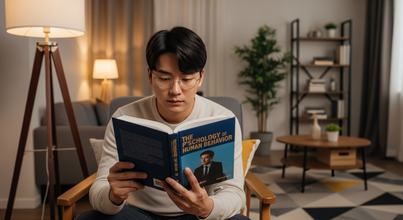 현대적인 거실에서 심리학 책을 읽으며 생각에 잠긴 남성