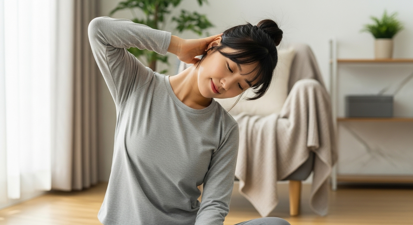 집에서 목 스트레칭 운동을 하는 젊은 여성의 올바른 자세와 건강 의식