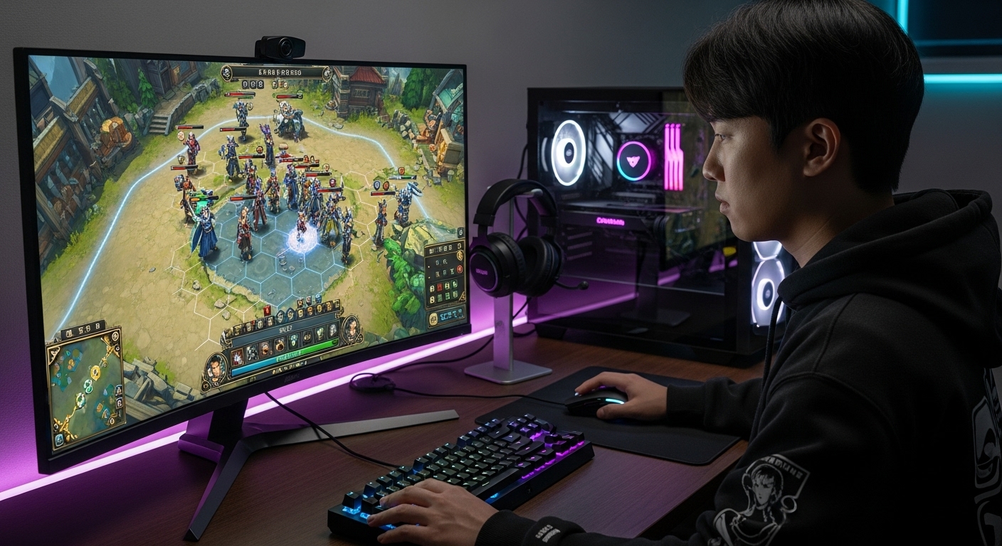 턴제 전략 RPG를 진지하게 플레이하는 젊은 게이머의 모습
