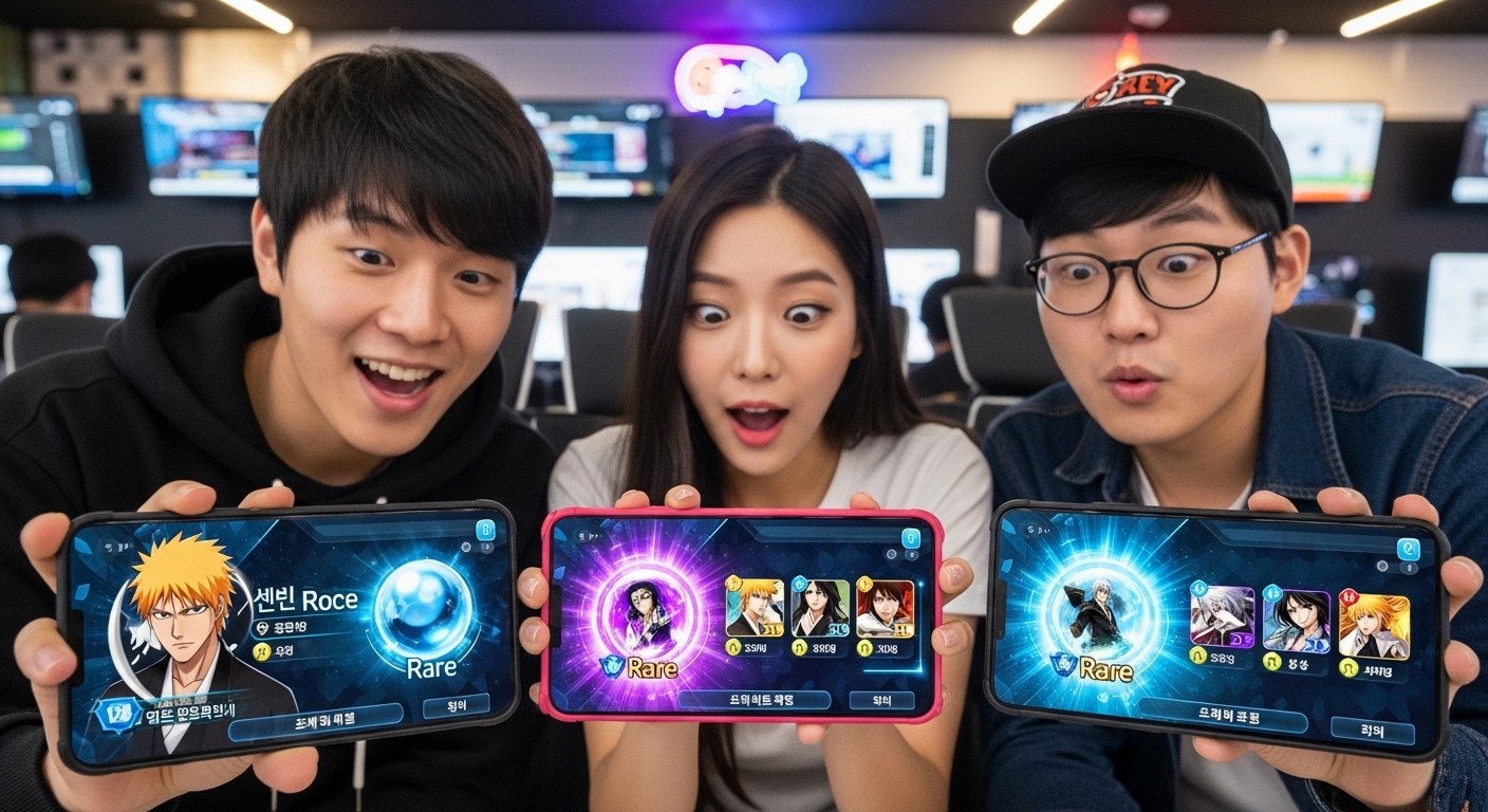 스마트폰으로 가챠 이벤트에 참여하는 한국인 게이머들