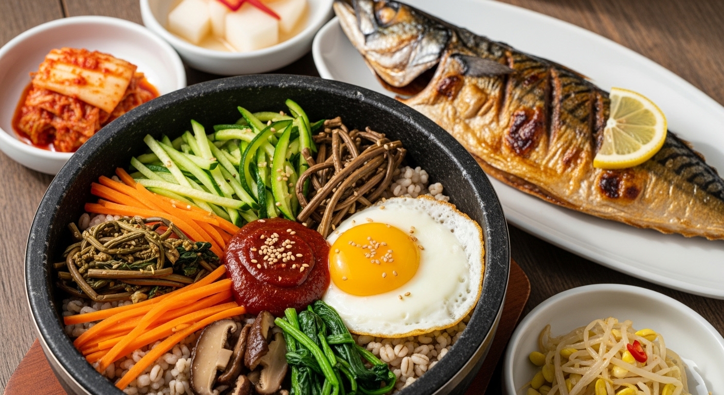 다양한 야채와 특제 소스가 어우러진 보리비빔밥과 바삭하게 구운 고등어 백반