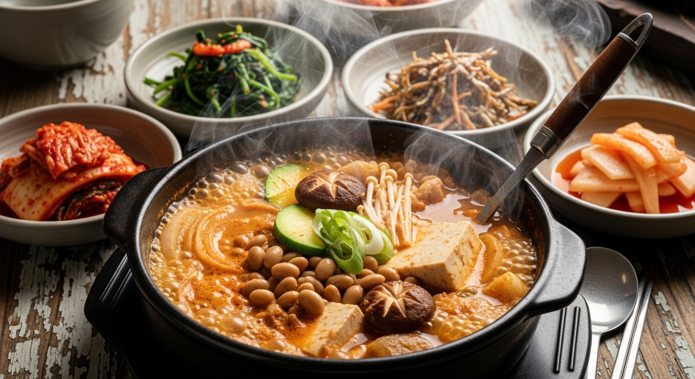 뚝배기에서 김이 모락모락 나는 전통 청국장 찌개와 반찬들