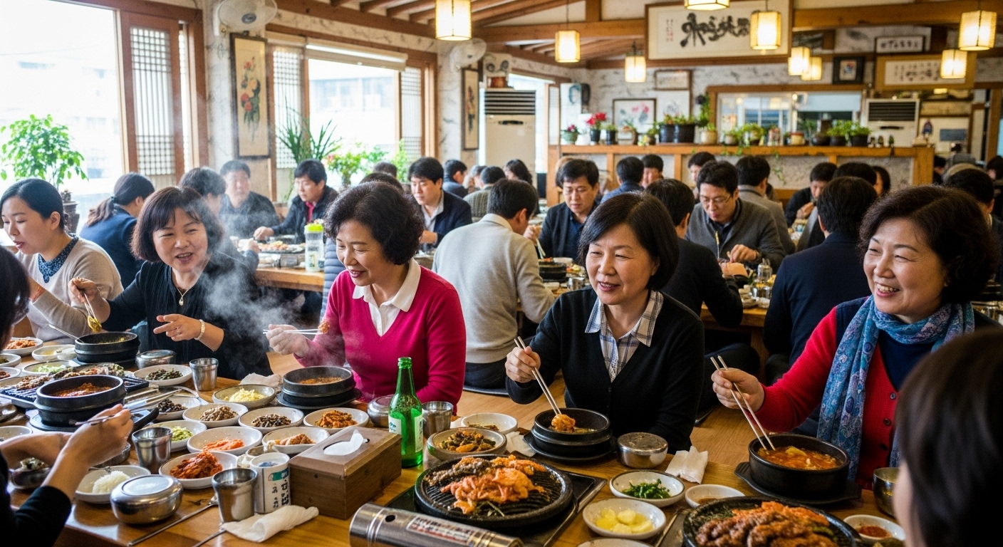 만족스러운 표정으로 식사를 즐기는 손님들과 활기찬 식당 분위기