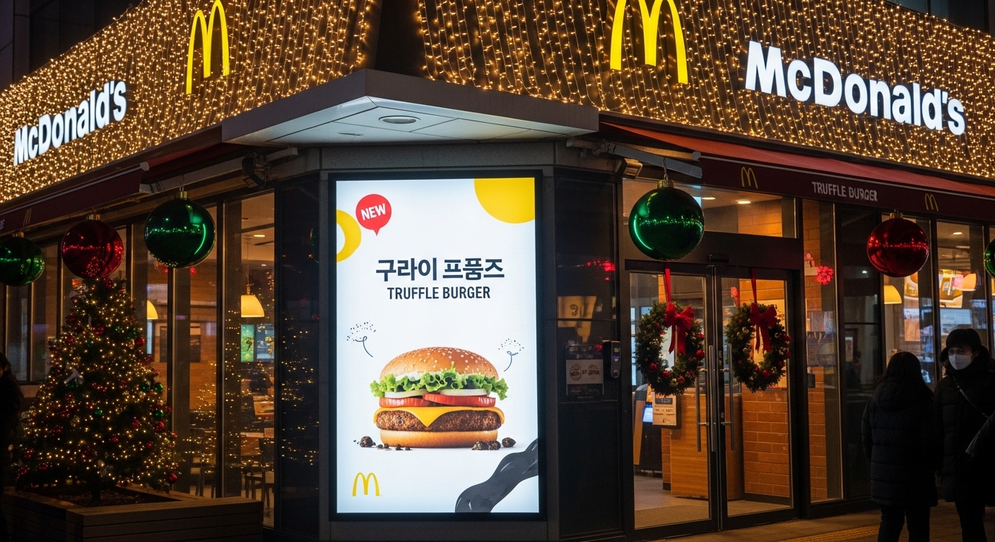 크리스마스 장식과 함께 새 트러플 버거 포스터가 걸린 한국 맥도날드 매장
