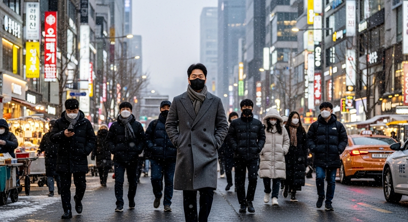 겨울 서울 거리에서 마스크를 쓴 현대적인 직장인의 모습