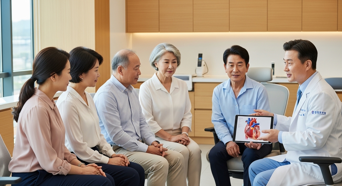 병원에서 의사와 함께 심장 건강 위험에 대해 이야기하는 다양한 한국 성인 그룹