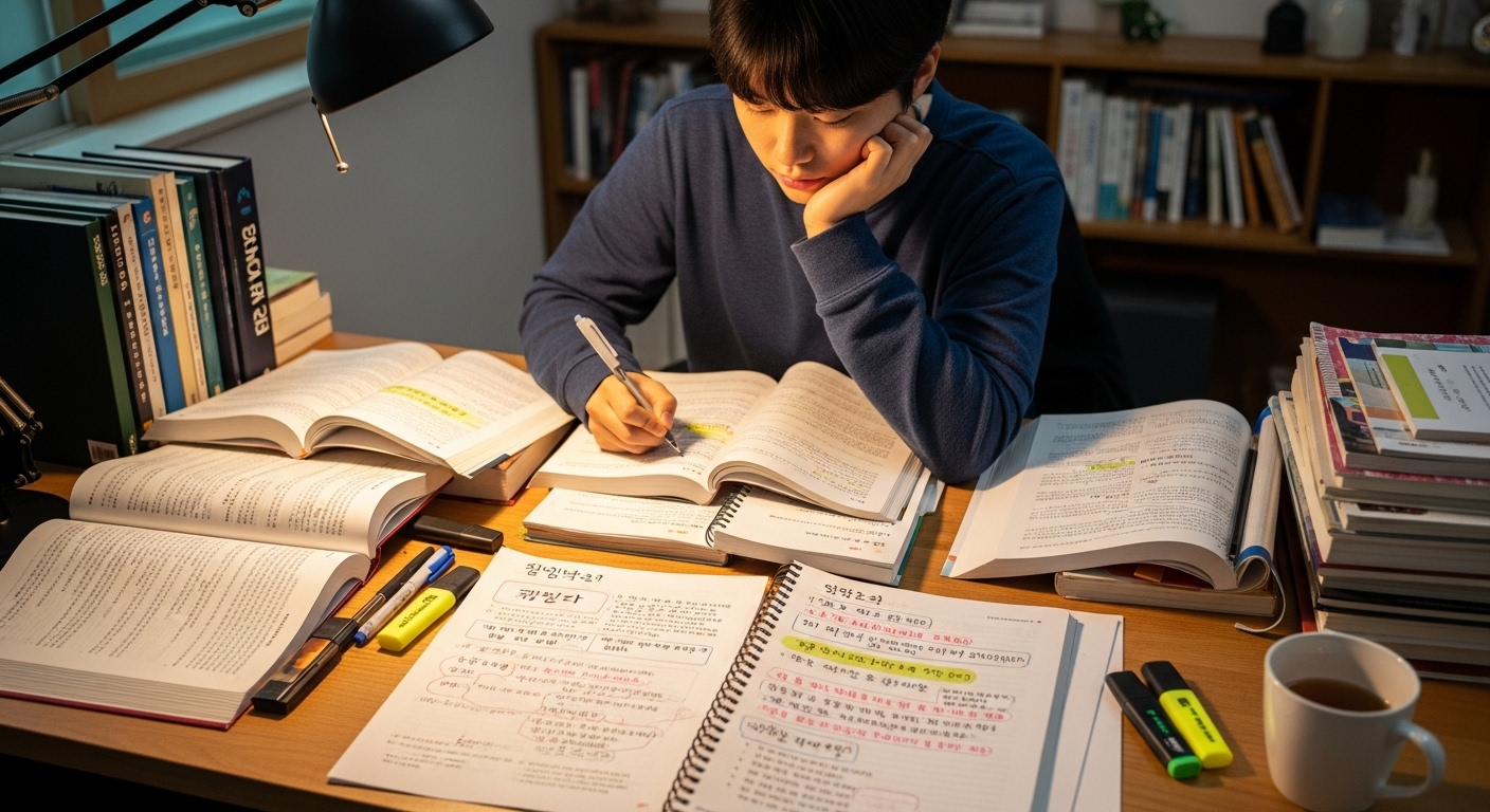 한국 학생이 책상에서 문법을 공부하며 ‘부딪히다’와 ‘부딪치다’를 노트에 정리하는 모습