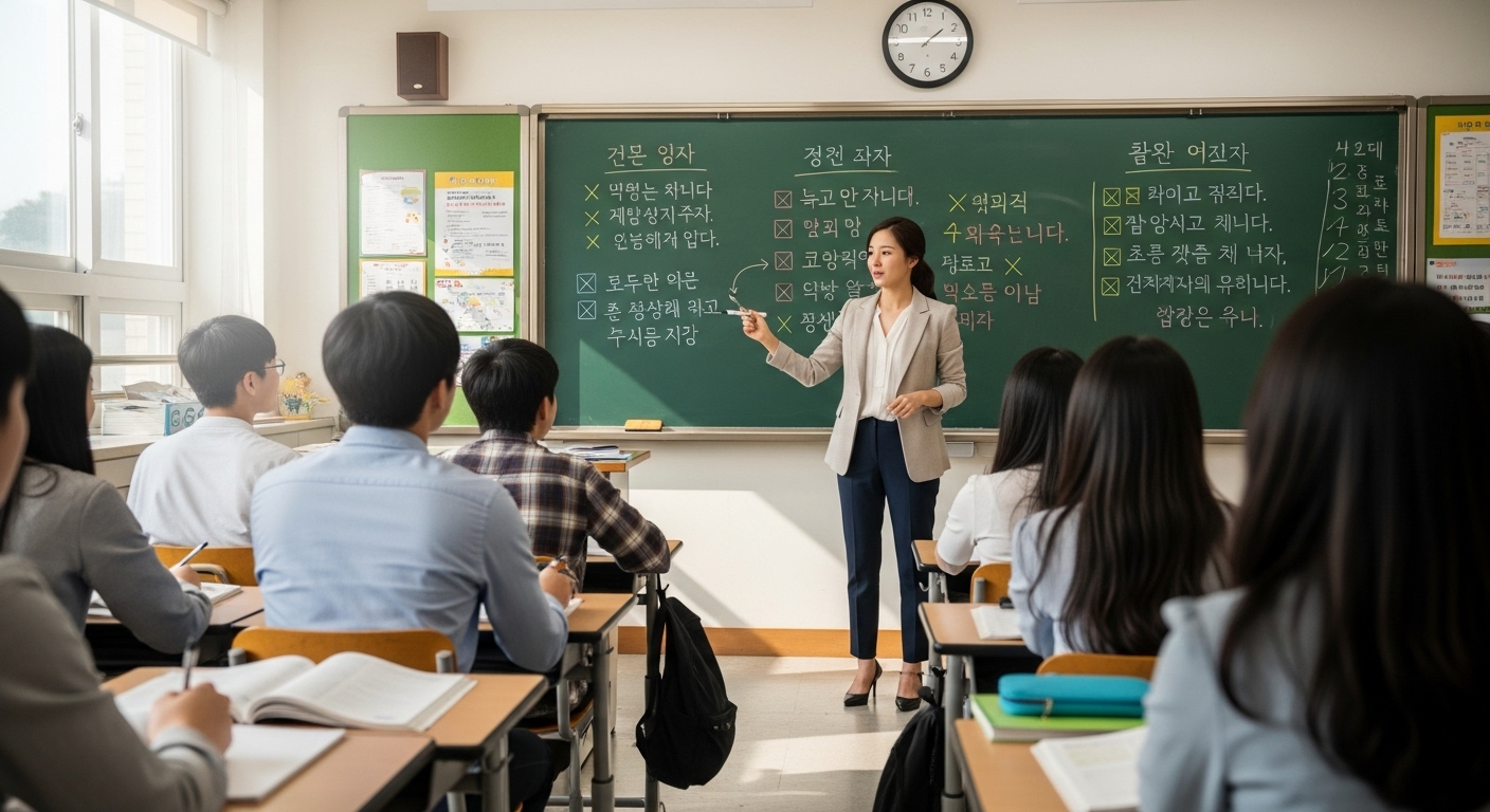 교실 환경에서 칠판에 예시를 들어 학생들에게 일반적인 문법 실수를 설명하는 한국 선생님