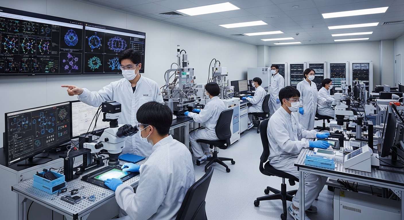 최첨단 연구소에서 새로운 고용량 메모리 칩을 개발하는 과학자들