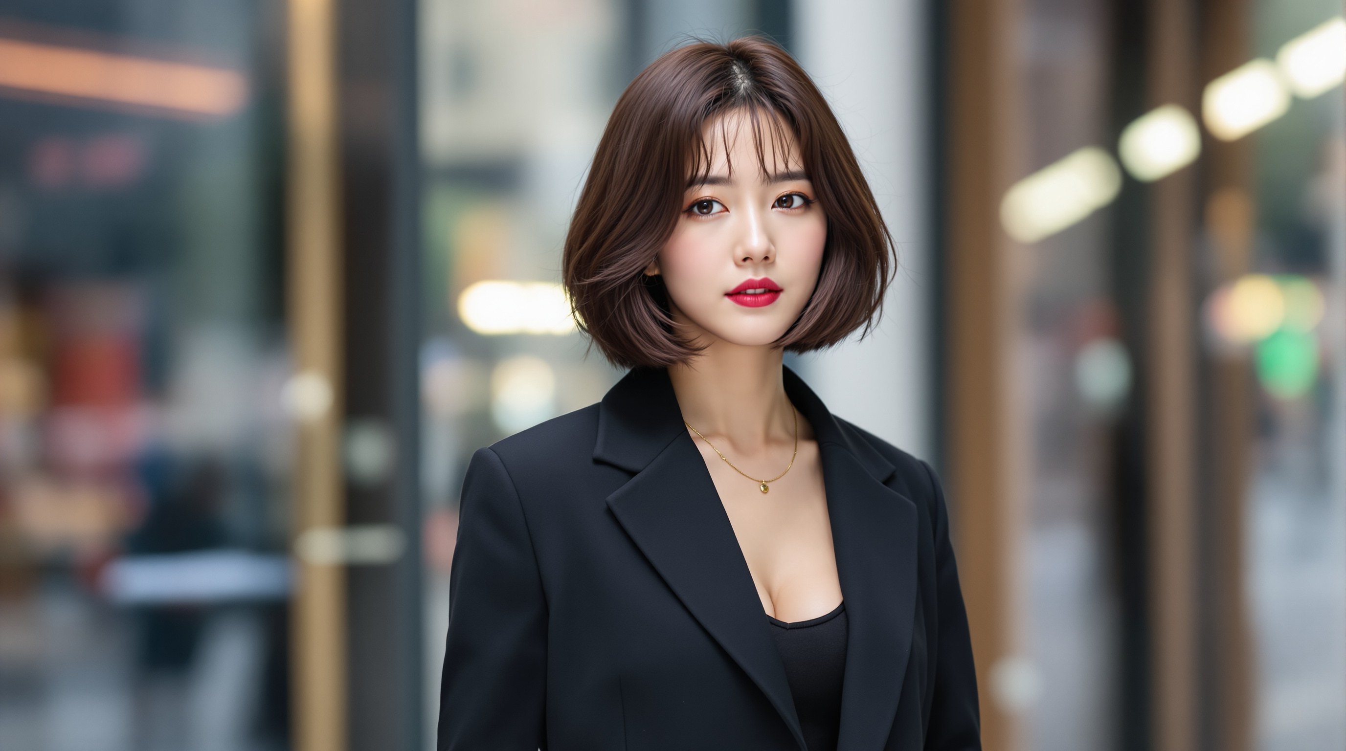 손예진이 짧은 단발 헤어스타일로 도시에서 시크하고 자신감 있는 모습을 연출