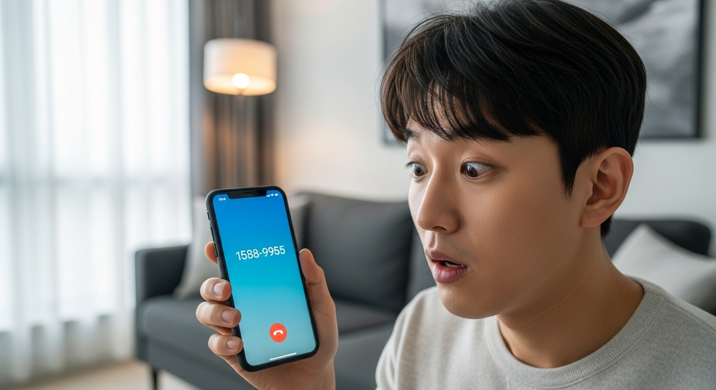 현대적인 아파트에서 스마트폰에 걸려온 15889955 번호를 보고 놀라는 모습