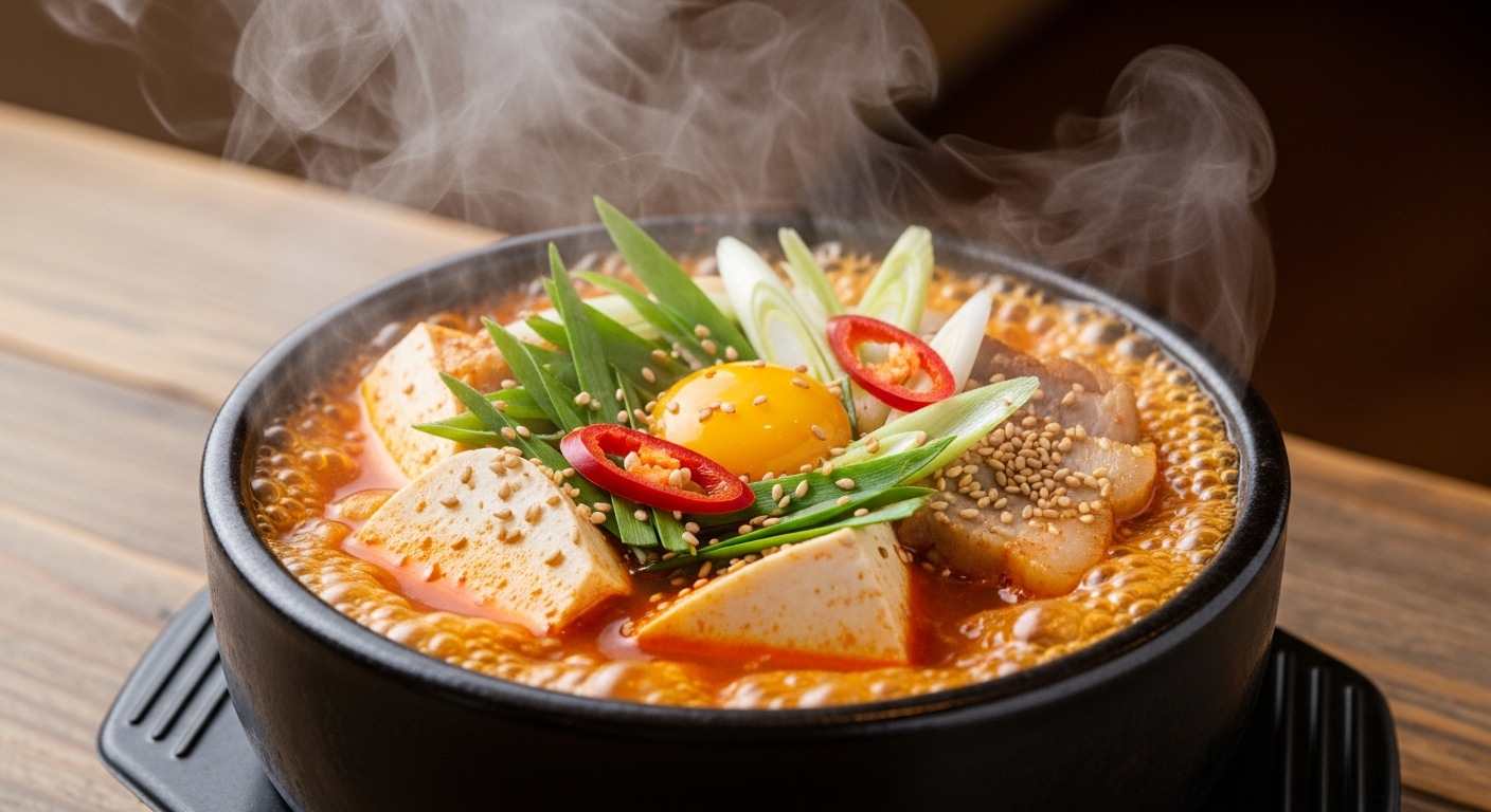 부드러운 두부 조각이 보이는 뜨거운 국물의 순두부찌개 한 그릇