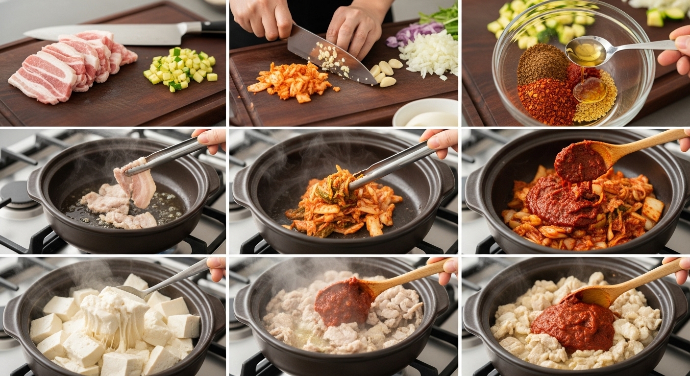 한국 주방에서 단계별로 순두부찌개를 준비하고 있는 모습