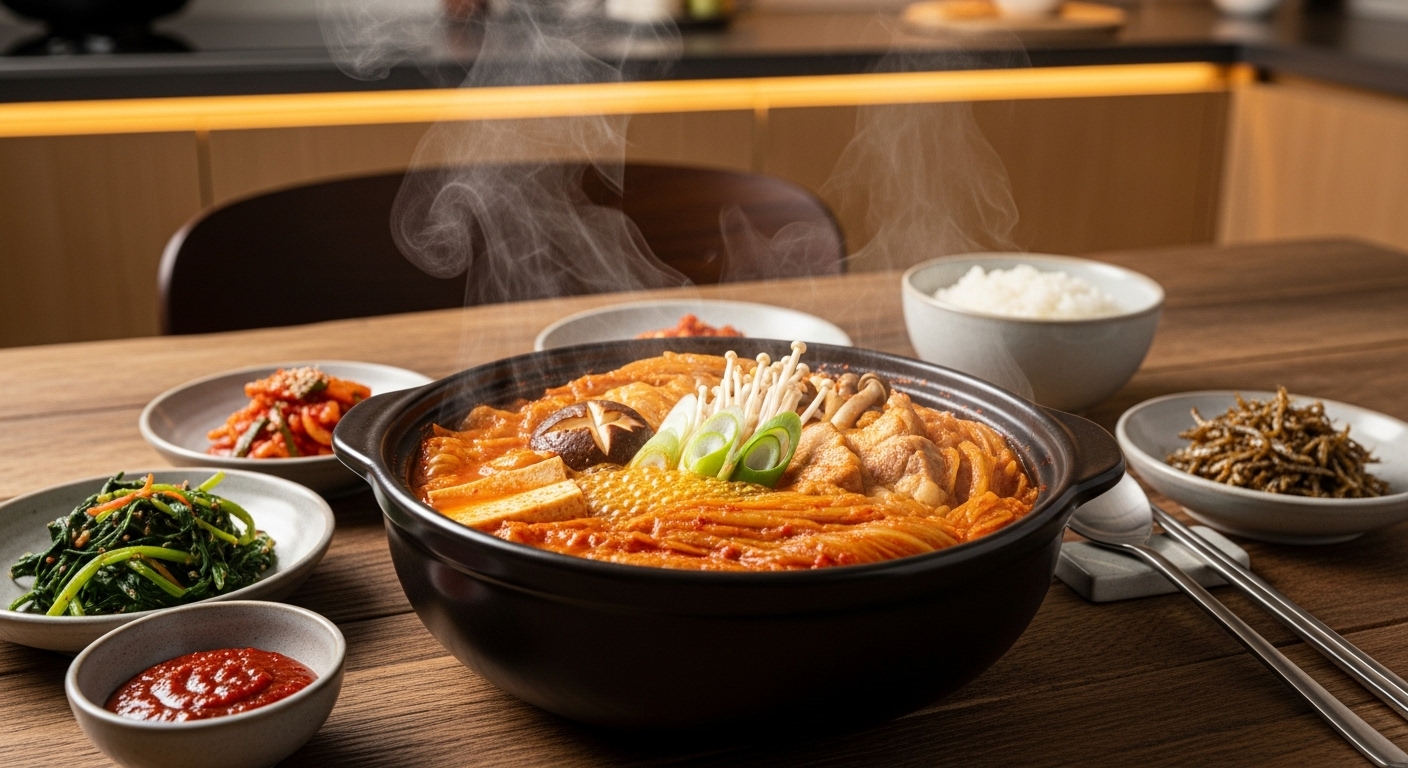 현대적인 한국 주방의 나무 식탁 위에 김이 나는 묵은지 찌개